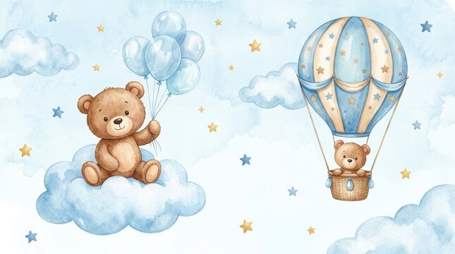 Adorable watercolor teddy bear sitting on clouds with blue balloons.
