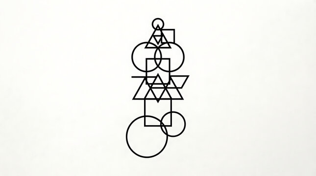 Geometric abstract tower composition of shapes with geometric shape stacked shapes modern design circles and squares triangle shapes minimalist art graphic element black and white structure