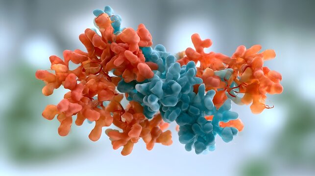 Abstract molecular structure with orange and blue components in a soft blurred background