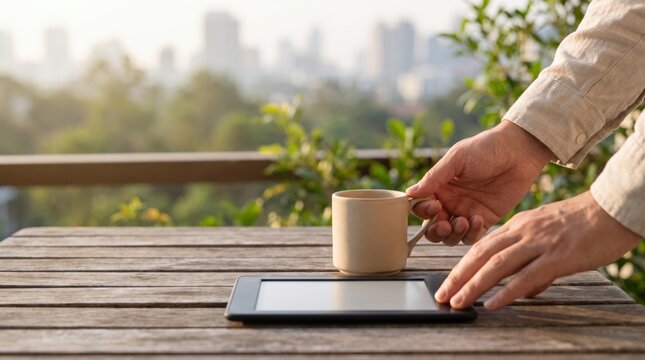 Hands holding a ceramic coffee cup next to a blank electronic reader tablet on a wooden table outdoors