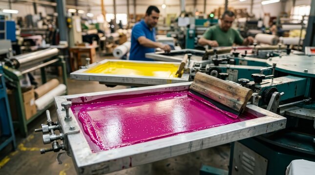Vibrant inks on a textile machine during an industrial screen print process for custom apparel.