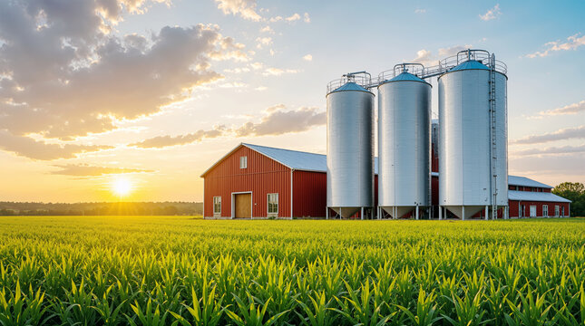Modern Red Barn and Grain Silos in Lush Green Cornfield at Golden Sunset, Agricultural Farmland Landscape