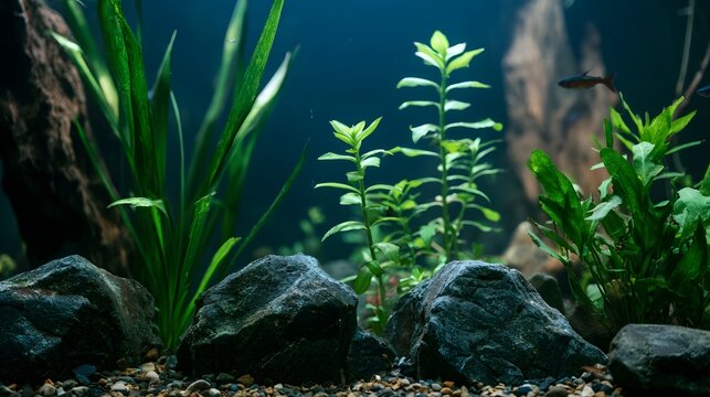 A serene aquarium scene featuring lush green aquatic plants  dark rocks  and gravel substrate under soft blue lighting