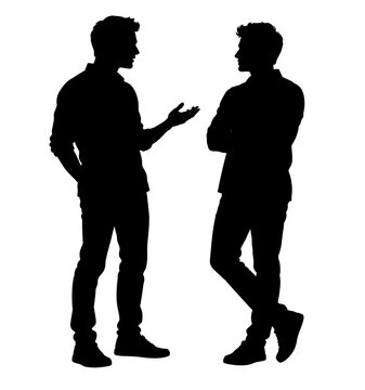 Silhouette of two men standing and talking to each other with white background black figures body language silhouette conversation communication standing discussion colleagues dialogue