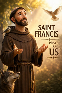Saint Francis of Assisi 3D Illustration with Wolf and Birds in Sunlit Forest and Text Pray For Us