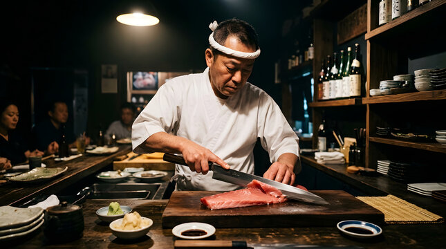 Japanese chef slicing fresh tuna sashimi with a sharp knife in a traditional restaurant.