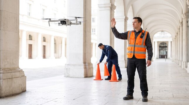 Safety team sets boundary markers for drone approach
