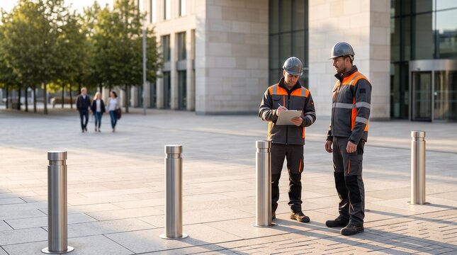 Contractors inspect bollards at a civic plaza entrance