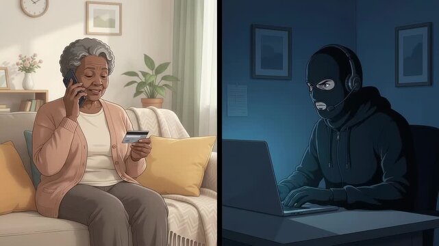 Phone Scam Social Engineering Concept &ndash; Online Fraud and Data Theft	

