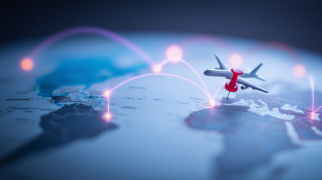 An airplane pinned to a world map with connected flight paths represents global travel routes and international aviation logistics.
