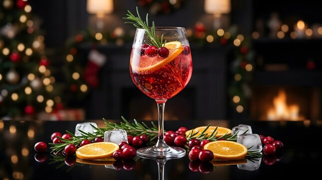 Cranberry cocktail in a wine glass with orange slices and rosemary, on a black surface