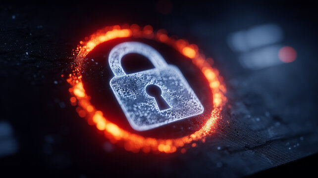 A digital padlock surrounded by a protective interface represents cybersecurity defense and secure protection of sensitive information.

