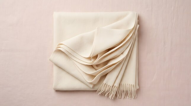 Folded cream cashmere shawl with fringed edges on a pale pink background