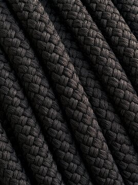 Close-up of a group of braided cables. the cables are tightly wound together and appear to be made of a dark grey material.