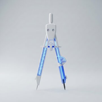 3D Technical Drafting Compass Icon White Matte Precision Instrument with Translucent Glowing Blue Glass Arc for Architecture, Geometry Engineering & STEM Education