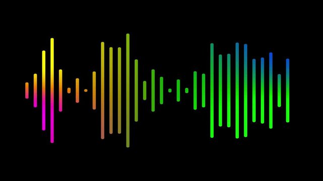 Vibrant rainbow audio waveform equalizer animation on black background, for music visualization, and digital media projects