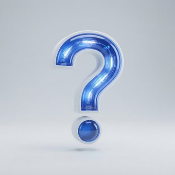 3D Question Mark Icon White Frame with Glowing Blue Glass Light Bulb Filament Interior for FAQ, AI Inquiry, Help Center & Creative Brainstorming Concepts
