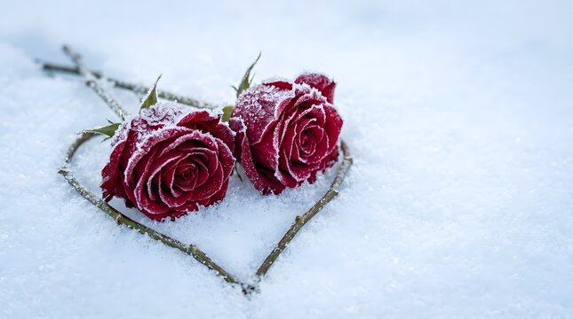 Two frost covered red roses inside a twig heart shape on snow