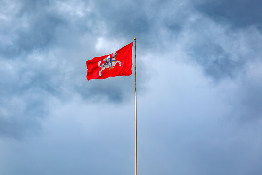 Historical state flag of Lithuania with Vytis knight emblem in Kaunas city