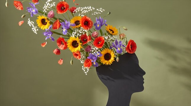 Conceptual Silhouette of a Woman's Profile with Vibrant Blooming Flowers and Petals Sprouting Out
