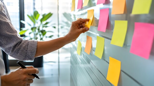 Business professional brainstorming with colorful sticky notes on a glass wall in modern office workplace planning strategy