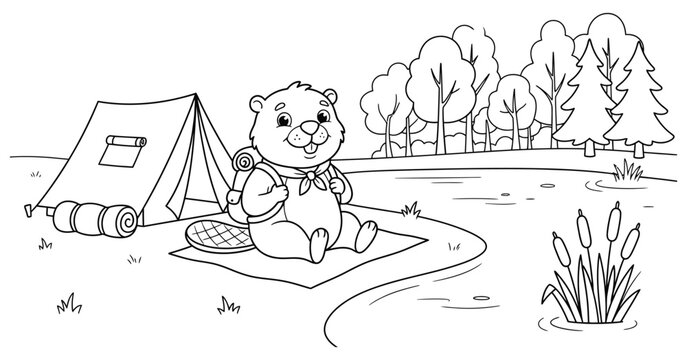 A delightful coloring page featuring a charming bear enjoying a peaceful camping adventure in the beautiful outdoors with a cozy tent