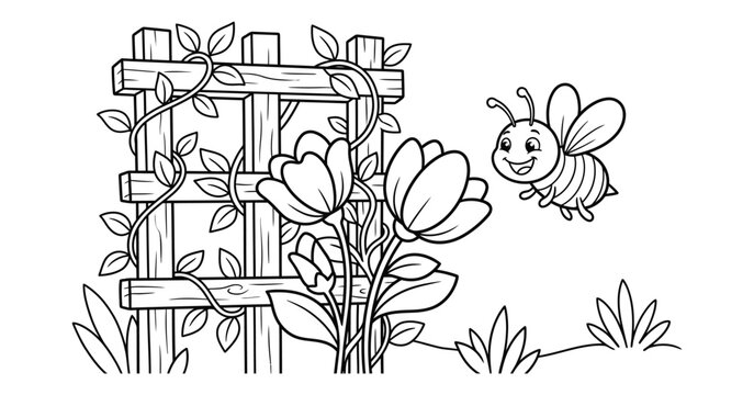 A delightful coloring page featuring a charming garden scene with a buzzing bee and a rustic wooden fence perfect for creative expression
