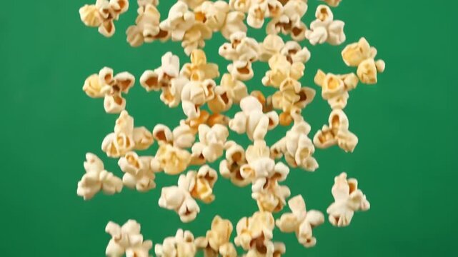 Popcorn falling in slow motion on green background. Flying salted popcorn kernels. Cinema snack food concept for movie theater ads.
