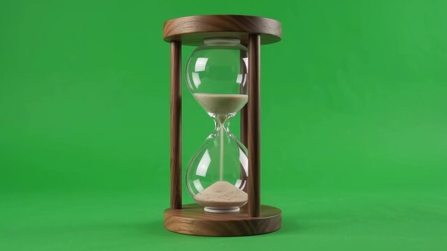 Vintage wooden hourglass with flowing sand on green screen. Antique sand timer for time management. Traditional glass sandglass for deadline concepts.