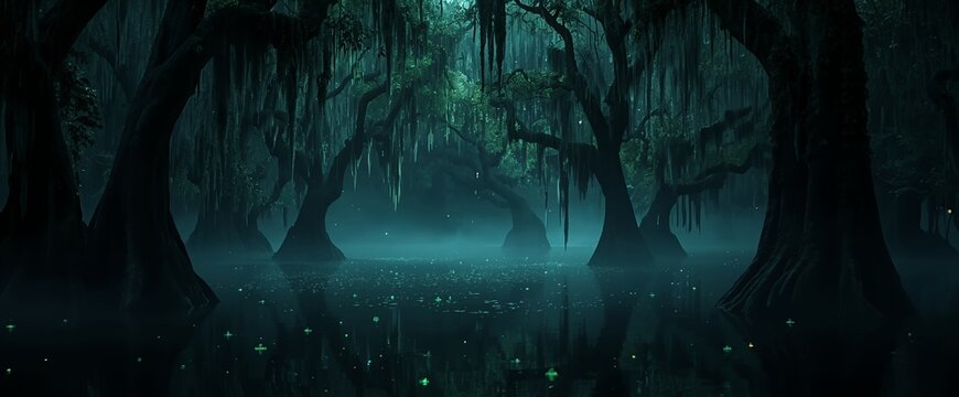 Mysterious dark swamp forest with glowing lights