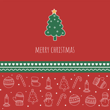 Merry Christmas red banner with green tree and winter holiday icons