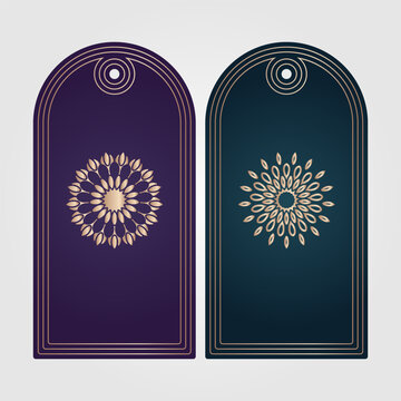 Mandala label design collection in purple and dark teal colors