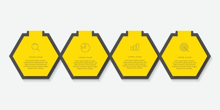 Infographic template with four connected yellow hexagonal option steps