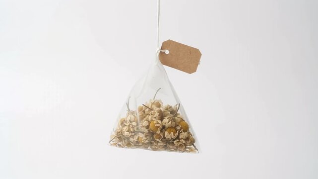 Chamomile tea bag hanging on white background. Herbal tea pyramid with dried flowers. Organic chamomile infusion sachet for wellness and relaxation.