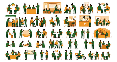 Obraz premium Medical Professionals Set with Diverse Activities and Roles. Healthcare Workers in Green Uniforms Performing Various Tasks, Including Patient Care