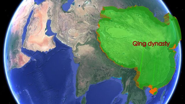 Qing Dynasty boundaries appear on world map showing historic Chinese empire scale. Cartographic animation reveals imperial geography, Asian territory, and historical context.
