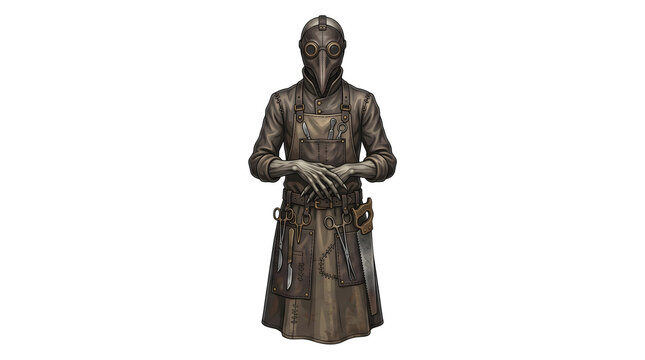 Plague doctor in brown medieval coat and mask holding surgical tools for historical medical themes.