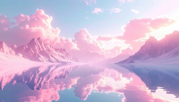 Pastel fantasy landscape with pink mountains, calm lake and dreamy clouds, surreal nature background,