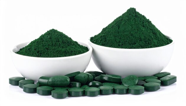 Spirulina powder and tablets isolated on white background