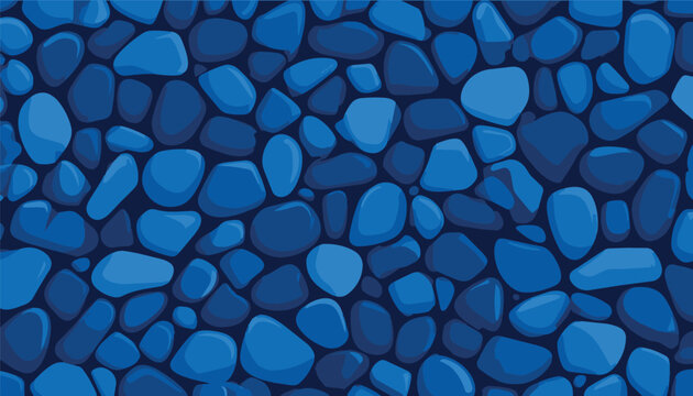 Blue vector background with a seamless texture of cartoon pebbles and river stones. Backdrop, banner or wallpaper design featuring cobalt and navy stones for your modern graphic art illustration.