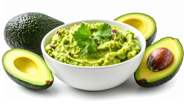 Bowl of guacamole with avocado isolated on white background
