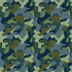 Fototapeta premium Seamless military camouflage pattern vector textured army camo backdrop banner in green, blue, khaki and olive colors. For background, hunting, tactical gear, apparel, wrapping materials.