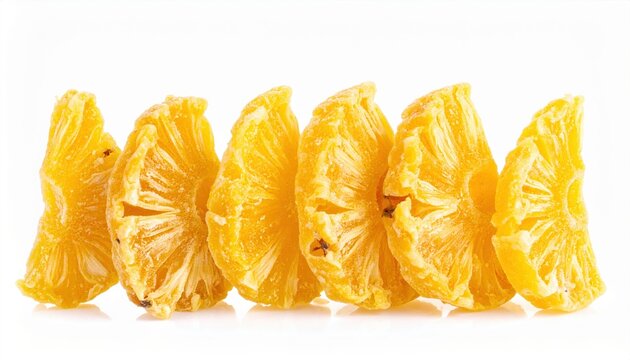 Row of freeze-dried pineapple slices isolated on white background