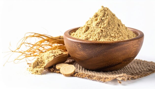 Organic maca powder in wooden bowl with roots on white background, healthy supplement concept