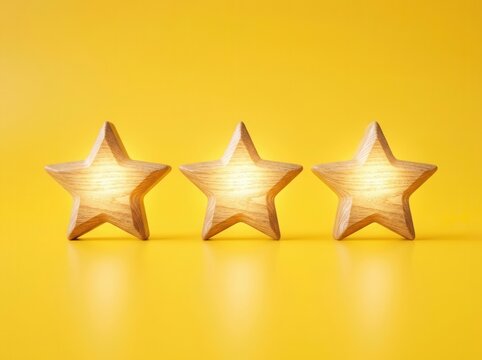 Three Glowing Wooden Stars Illuminate A Bright Yellow Background