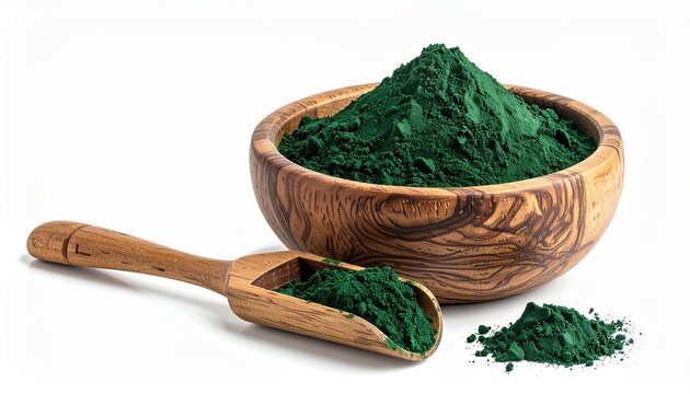 Wooden bowl of spirulina algae powder with wooden spoon isolated on white background