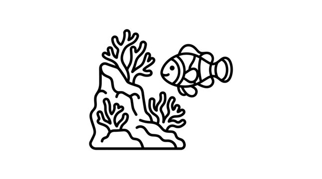 Clownfish swimming near coral reef in simple line art style.
