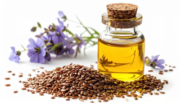 Premium flaxseed oil with scattered linseeds isolated on white background