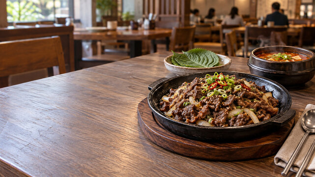 Korean beef bulgogi on sizzling hot plate with tofu stew and perilla leaves on wooden table with copy space