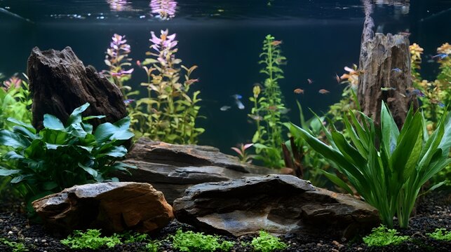 A serene aquarium with lush green plants  decorative rocks  and small colorful fish swimming gracefully in clear water